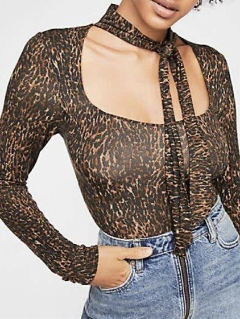 Free People Wild Thing Leopard Print Tie Neck Cutout Long Sleeve Top Size XS